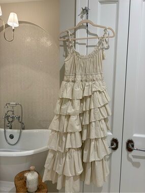 RuffleTiered Cream Dress with Tie Straps